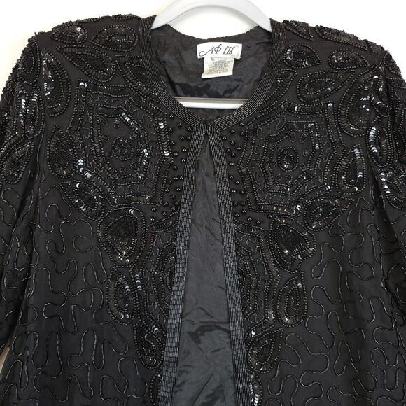 Silk Open Jacket Beaded Sequin AP Ltd Women M Black Evening Cocktail Festive Vtg - Picture 11 of 16
